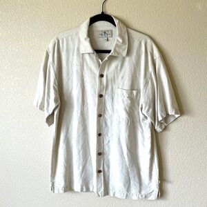 Island Shores 100% Silk Men’s Button Down Shirt L Hawaiian Neutral Cream Casual